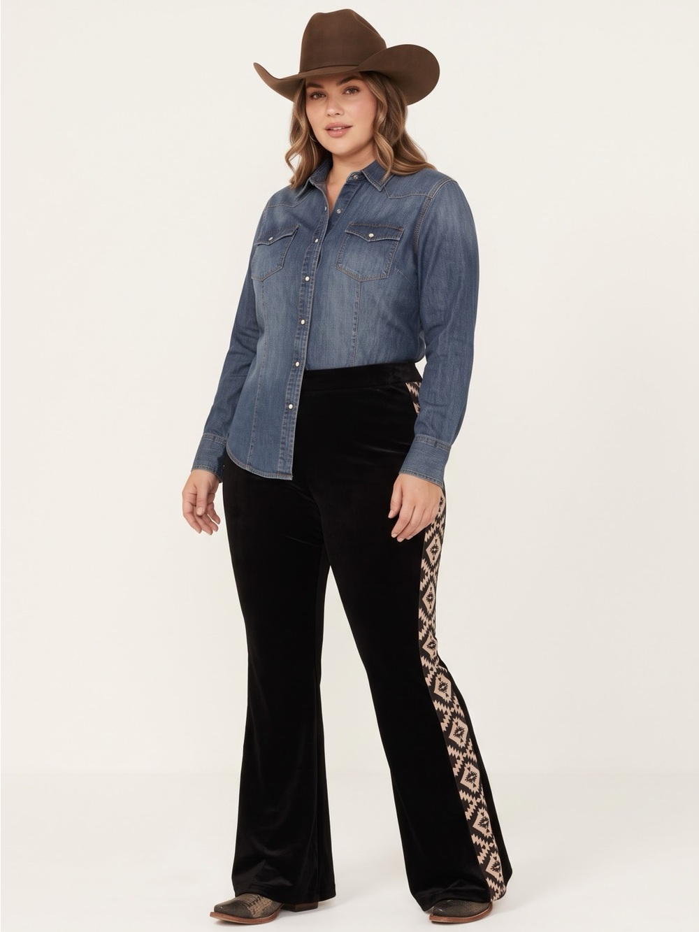 Two Fly Co $58 NWT I31” Black Velvet Flare Pants Aztec Southwestern Trim 2X